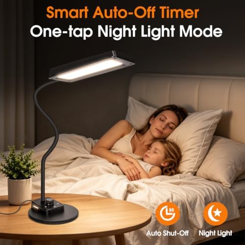 LED Desk Lamp, 12W/2000LM Desk Lamps for Home Office, Bright Gooseneck Desk Light for Work, Study & Reading, 5 Modes Dimmable & USB Port Table Lamp for Home, Crafts, Computer Light, Memory & Timer