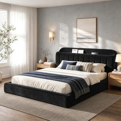 Cloud Bed Frame King with Storage Headboard & LED Lights, Black