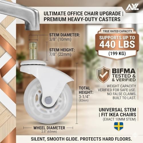 AXL 10mm Stem, IKEA Office Chair Wheels, 2.5 Inch Rollerblade Casters with Gap-Free Bracket for Safe Barefoot Rolling, Quiet & Floor-Safe, (IKEA 10mm) (White/Clear, 2.5 inch White)