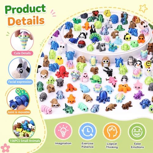 156 pcs 3D Printed Animal Figurines, Mini Articulated Animal Figurines Toys, Party Favors, Pocket Fidget Toys Bulk, Goodie Bag Stuffers, Exchange Gifts for Boys Girls , Desk Pets, Classroom Rewards
