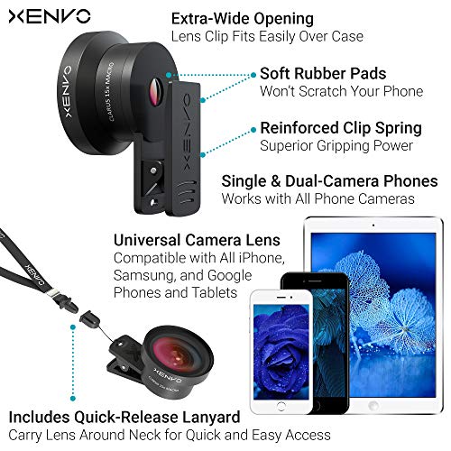 Xenvo Pro Lens Kit for iPhone and Android, Macro and Wide Angle Lens with LED Light and Travel Case Black