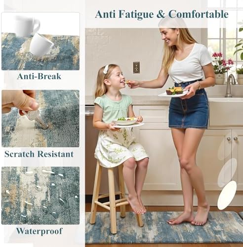 Collive Anti Fatigue Mats for Kitchen Floor, Bule Kitchen Rugs Sets of 2