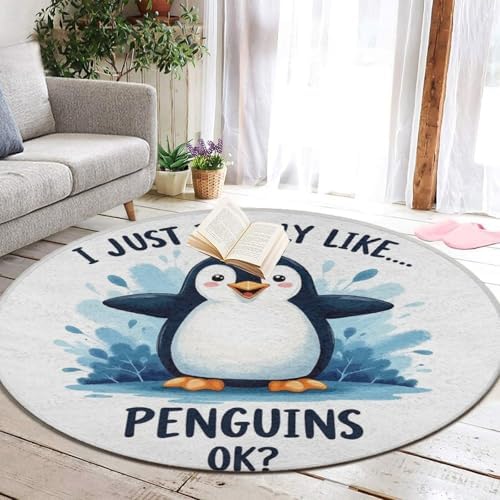 Large Home Decor Mat, Soft Round Yoga Carpet, Non Slip Machine Washable Home Office Circle Rug Cute Penguin