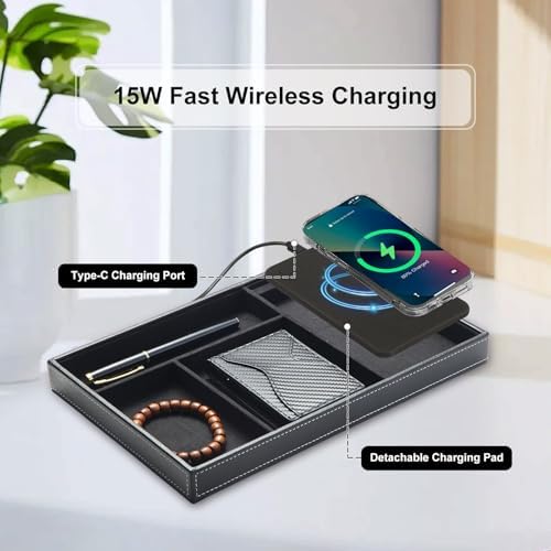 Valet Tray with Wireless Charging, All in one Nightstand Organizer for Men