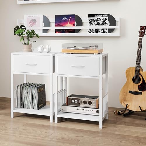YAUKOMEL Nightstand Set of 2 with Fabric Drawer, White Bedside Table