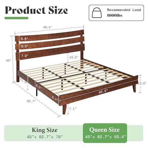 Mid Century Queen Size Solid Wood Platform Bed, Slatted Headboard