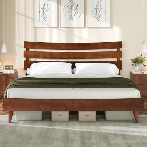 Mid Century Queen Size Solid Wood Platform Bed, Slatted Headboard