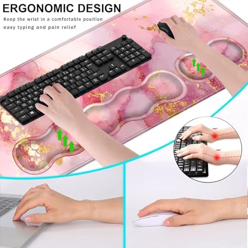 Keyboard Wrist Rest and Mouse Pad with Wrist Support Set Ergonomic Coaster,Memory Foam,Easy Typing Pain Relief,Large XL Desk Mat 31.5"x 11.8",Pink Gold Marble