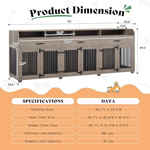 95" Dog Crate Furniture, Multi-Functional TV Stand with Storage