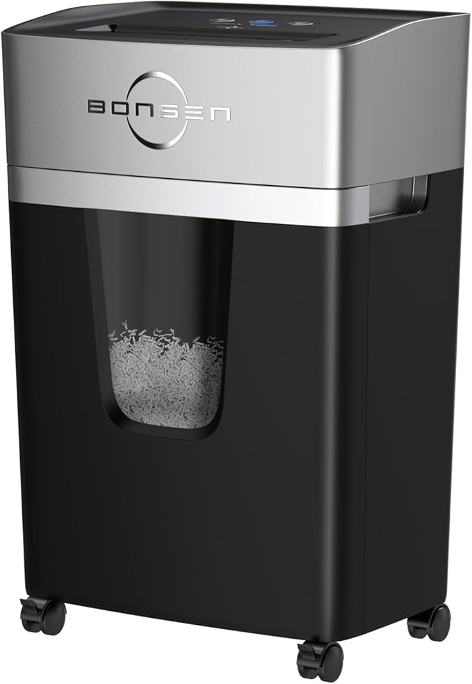 BONSEN 12-Sheet Micro Cut Paper Shredder for Home Office Use, High Security Level P-4/55 dB Ultra-Quiet / 40-Minutes Shredding Shreds Credit Card/Staples, 5.3 Gallons Pullout Bin (S3106)