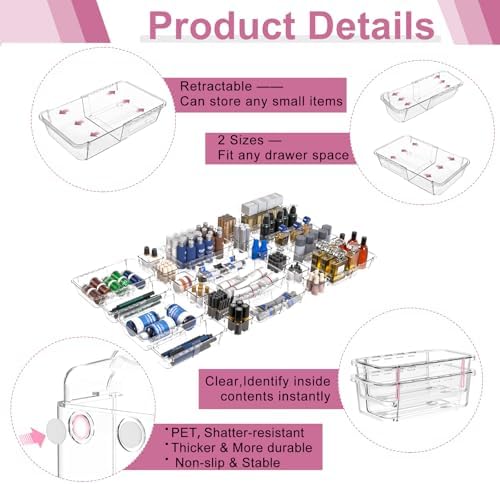 16 Pcs Extendable Clear Drawer Organizer, All Adjustable Vanity Storage Box, 2-Size Desk Drawer Organizer, Durable Storage Bins for Makeup, Cosmetic, Bedroom Dressers Tool Organizer for Gadgets