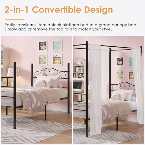 Twin Canopy Bed Frame, Heart-Shaped Headboard, Black
