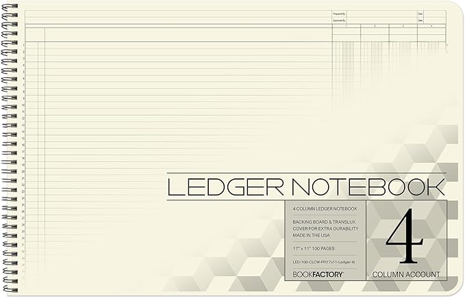BookFactory Accounting Ledger Notebook/Large 4 Column Accounting Ledger Columnar (Four Columns) Log Book - 17'' x 11'', 100 Pages, Wire-O Landscape Format (Made in USA)