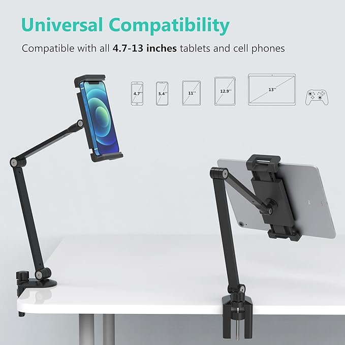 iPad Desk Mount, Adjustable Tablet Holder Clamp, 360 degree Rotation, Sturdy Aluminum Tablet Arm Mount for 4.7"-13" iPad Pro/Air/Mini, iPhone, Galaxy Tab, for Kitchen, Work, Video Call(Black)