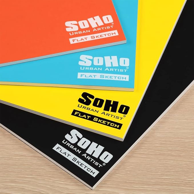 SoHo Urban Artist Tape Bound Lay Flat Sketch Book, Yellow Cover, 9x12 4 Pack, 30 Sheets Each (120 Total), Smooth Mixed Media Sketchbook, 71lb. (106 GSM) Paper Travel Art Journal, Soft Cover