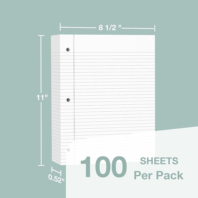 POPRUN Loose Leaf Paper, 8.5" x11" College Ruled, 100GSM / AA Grade Bulk Lined Filler Sheets, 3 Hole Punched for Binder Notebook, Office School Supplies, 3 Pack (300 Sheets)