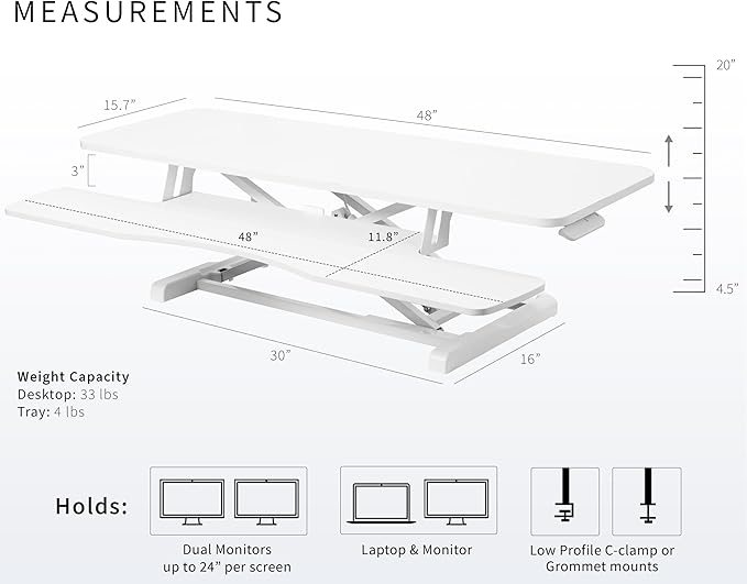 VIVO 48 inch Desk Converter, K Series, Height Adjustable Sit to Stand Riser, Dual Monitor and Laptop Workstation with Wide Keyboard Tray, White, DESK-V048KW