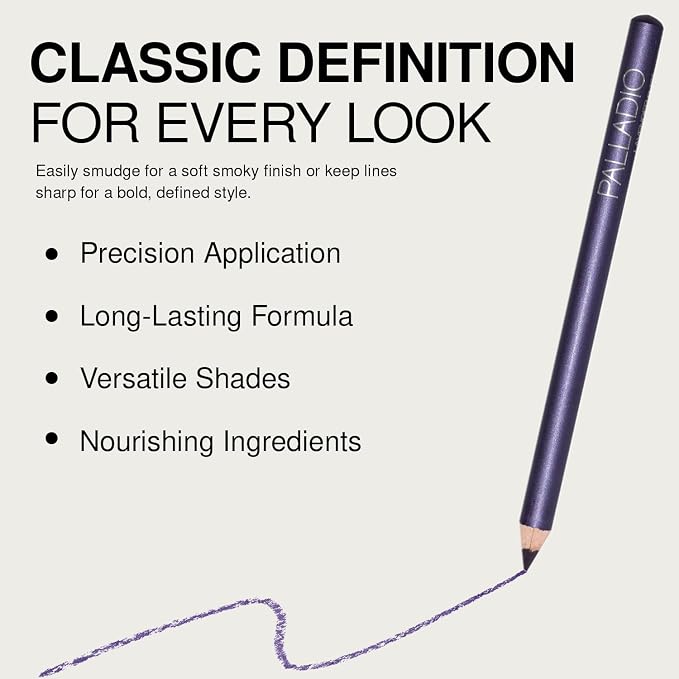 Palladio Wooden Eyeliner Pencil, Thin Pencil Shape, Easy Application, Firm yet Smooth Formula, Perfectly Outlined Eyes, Contour and Line, Long Lasting, Rich Pigment, Lavender