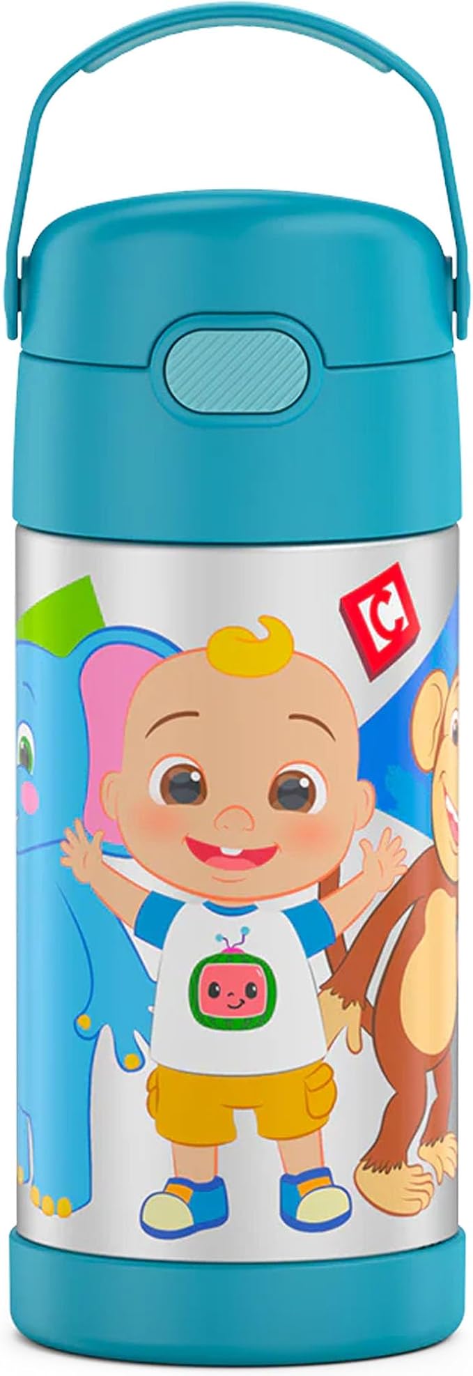 THERMOS FUNTAINER Water Bottle with Straw - 12 Ounce - Kids Stainless Steel Vacuum Insulated Water Bottle with Lid, Cocomelon