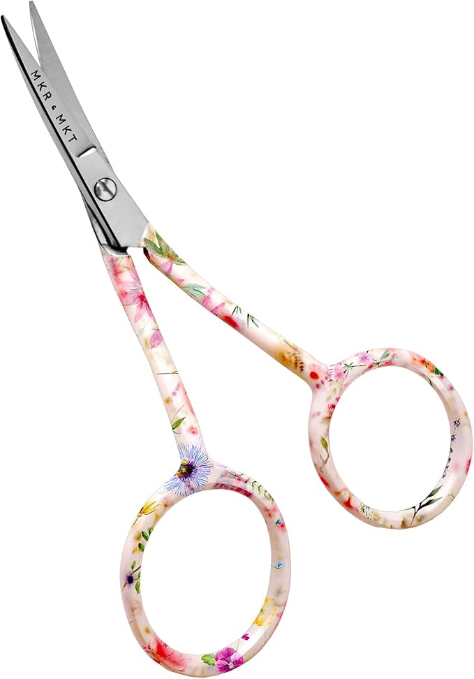 Small Embroidery 4.5 Inch Scissors Set of 2 Kit - Mini Double Bend Offset Duckbill and Double Bend Long Applique Needlepoint Blade with Pouch Sleeve (Floral)