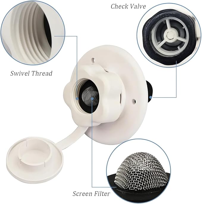 AICEL RV City Water Inlet, RV Water Inlet Connection with Check Valve, RV City Water Flange Inlet Replacement, Flusher Water Inlet Connector Car Accessories Parts for Camper Trailer RV (Black)