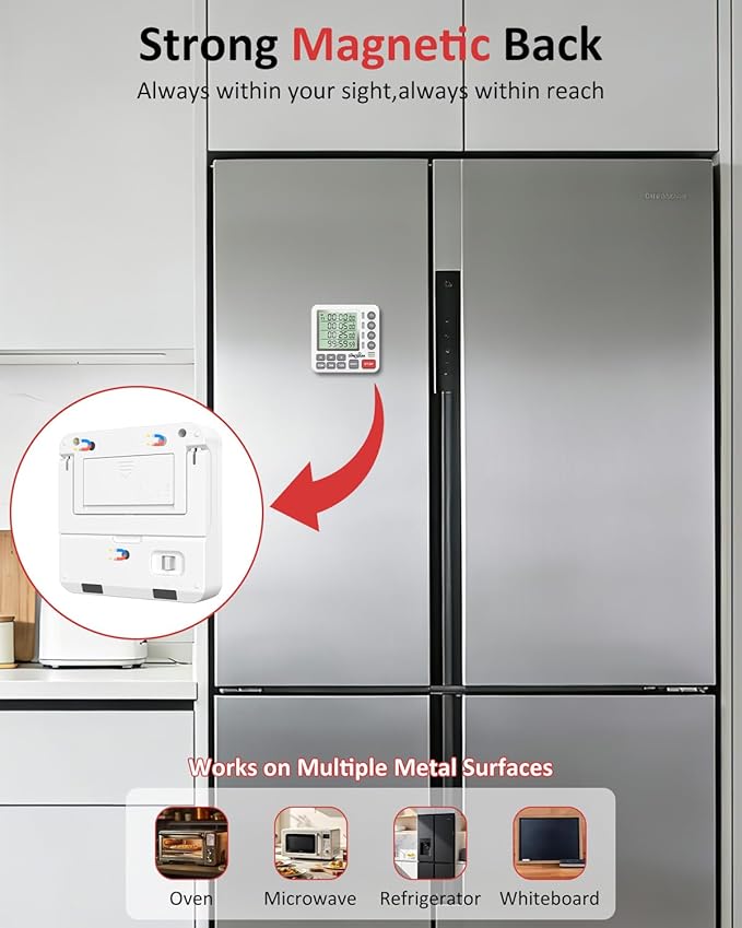 Digital Kitchen Timer for Cooking - 4 Channel Count Up Countdown Timer with Loud Alarm and Silent Mode, Large Display, Magnetic Back, Auto Memory for Classroom Study Gym, Battery Included (White&Grey)