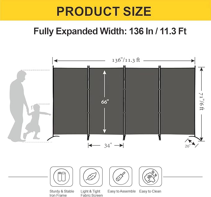 MAYOLIAH 4 Panel Privacy Screen Room Dividers 6FT Tall Portable Office Wall Divider for Rooms Separator 136" x20"x71", Grey