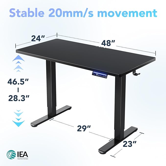 HUANUO One-Piece AI-Powered Electric Standing Desk, Smart APP, Compatible with Alexa & Google, Adjustable Height, 6 Memory Settings, Sedentary Reminder, Ergonomic Sit-Stand Desk, 48-inch, Black