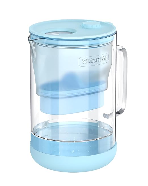 Waterdrop PT-09B-A 10-Cup Large Glass Alkaline Water Filter Pitcher, Blue | Eco-Friendly, Enhances Alkaline Water, for Home & Office, Reduces PFOA/PFOS, Chlorine, Cadmium, Copper & Mercury