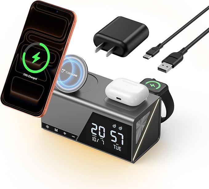 TobenONE 6-in-1 Alarm Clock Wireless Charging Station for Apple Devices, Night Light, Nightstand, MagSafe Magnetic Phone Charger, Fast Charging for iPhone 17 16 15 14 13 Pro Max, Apple Watch, AirPods