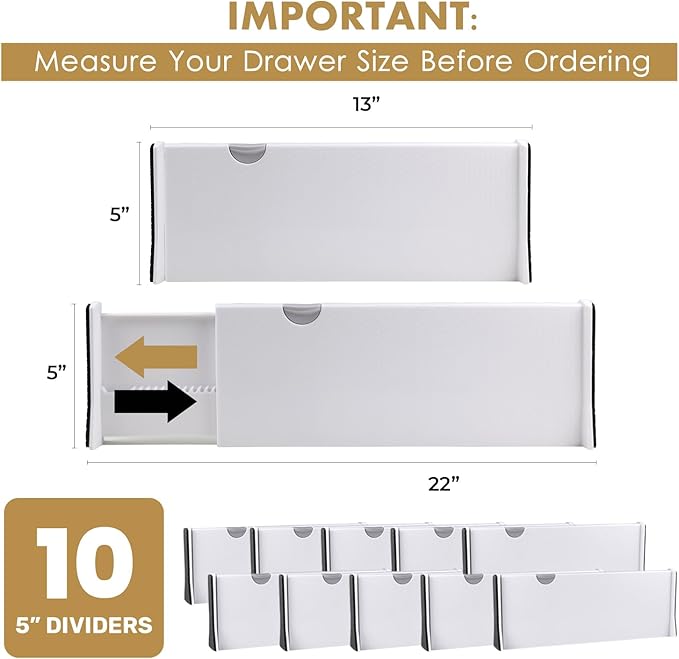 RAPTUROUS Adjustable Deep Drawer Divider – 5" Tall, Expandable 13-22", 10-Pack, Non-Slip Drawer Dividers for Clothes, Dresser, Kitchen & Office Organization (White)