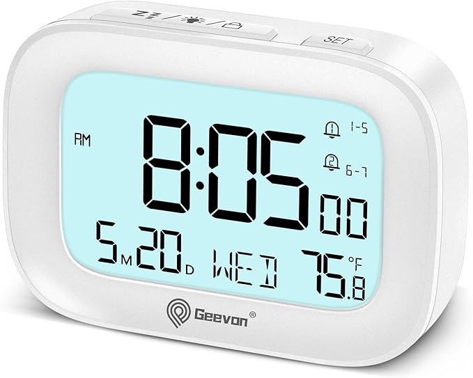 Geevon Small Travel Alarm Clock, Digital Alarm Clocks for Bedrooms Home Office, Battery Operated Desk Clock with 3 Inch Large Display, 2 Alarms, 5s Backlight, Snooze, Indoor Temperature, White
