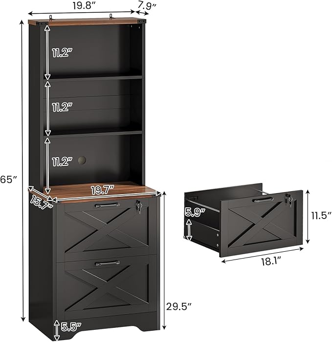 SEDETA 2 Drawer File Cabinet with Lock, Wood Filing Cabinet fits Letter, Legal, A4 Size, Hanging File Folders, Farmhouse File Cabinets for Home Office with Adjustable Storage Shelf (Black)