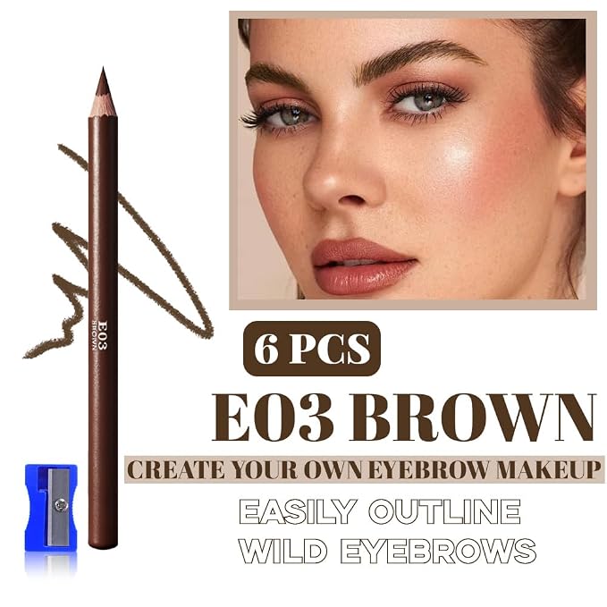 6Pcs Brown Eyebrow Pencils for Women, Wooden Hard-Core Eyebrow and Eyeliner Pencil, Long Lasting Waterproof and Sweat-Proof, Beginner Makeup Brow Pencil With Pencil Sharpener (Brown, 6Pcs)