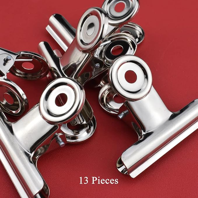 HAHIYO 2inch Silver Bulldog Clips Metal File Hinge Binder Clips Clamps Save Space Strong Spring Jaws Rock Solid Grip Book Lay Flat Deburred Edge for Hang Photos Wall Grid Dog Food 13PCS