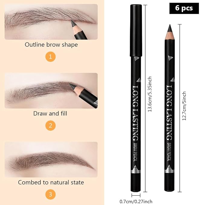 6Pcs Eyebrow Pencils for Women, Wooden Hard-Core Eyebrow Pencil, Eyebrow and Eyeliner Pencils, Waterproof and Sweat-Proof (3Pcs Dark brown+2Pcs medium brown+1Pcs Black)