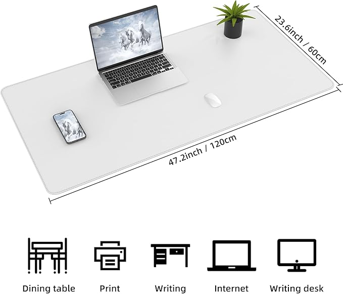 Leather Desk Protector, 47in*23.7in Large Mat with Natural Cork & PU Leather, Mouse Pad, Non-Slip Office Mat, Waterproof Writing Pad for Office and Home (Ivory White)