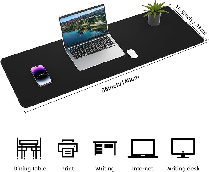 AFIING Leather Desk pad Protector, Large Non-Slip Office Desk Mat with Natural Cork & PU Leather, Waterproof Writing Mouse Pad for Office and Home (55in*17in,Black)