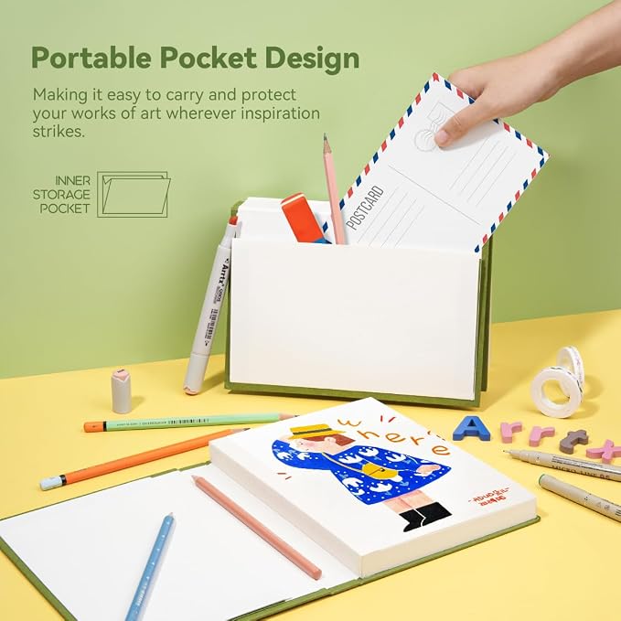 Arrtx Premium Hardcover Sketch Book, 60 Sheets/120 Pages, 180 GSM Thick Acid-Free Drawing Paper, Hardbound Sketch Pad with Inner Pocket, Green 8.5"x6.1" Sketchbook