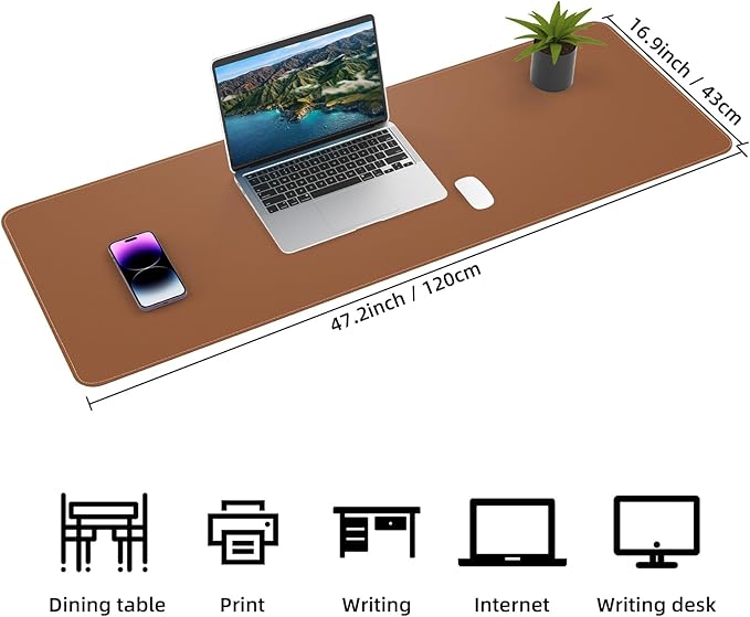 Leather Desk pad Protector, Large Desk mat with Natural Cork & PU Leather,Mouse pad,Non-Slip Office Desk Mat,Waterproof Desk Writing Pad for Office and Home (47in*17in, Brown)