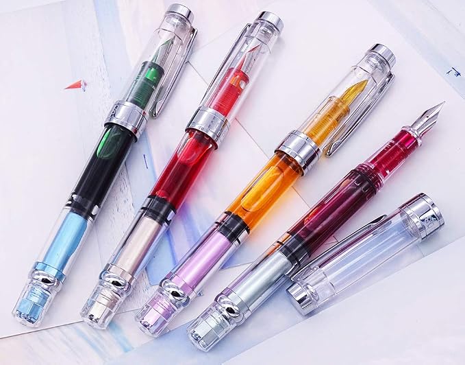 Lanxivi 4 x Yongsheng 3008 Fountain Pen Upgrated Fine Nib,Silver Trim,Piston Filling, Transparent