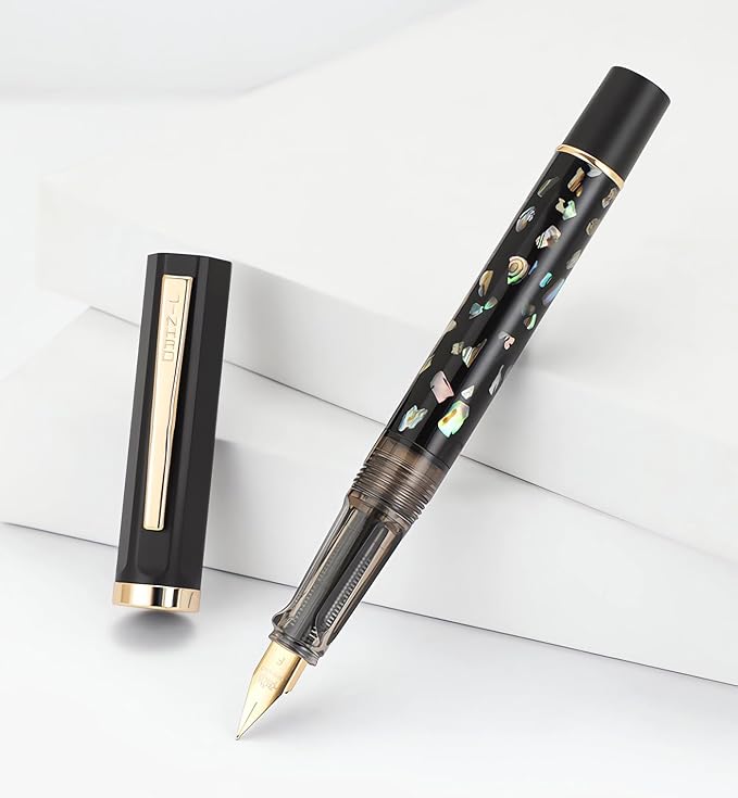 Jinhao 58 Fountain Pen - Natural Sea Shell Inlay Fine Nib Writing Pen with 3.4mm Ink Converter & Silver Metal Gift Box,Matte Black