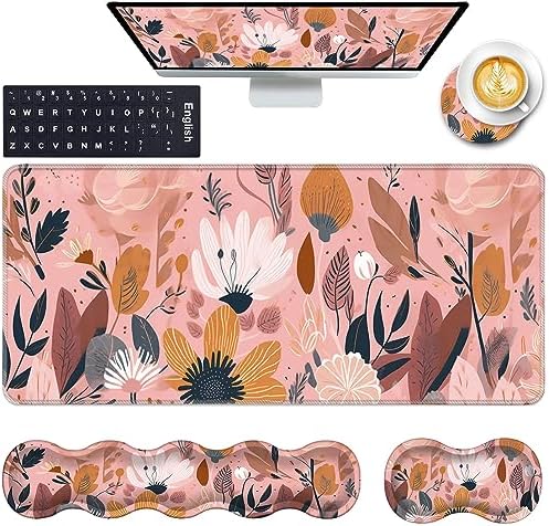 Keyboard Wrist Rest and Mouse Pad with Wrist Support Set Ergonomic Coaster,Memory Foam,Easy Typing Pain Relief,Large XL Desk Mat 31.5"x 11.8",Pink Floral