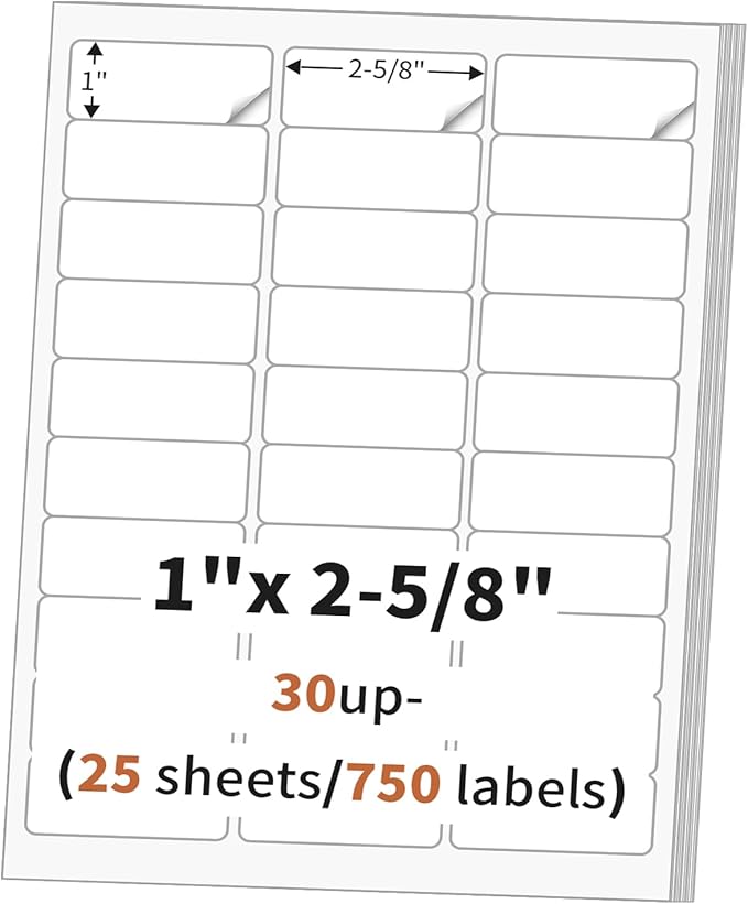 1" x 2 5/8" (25 Sheets) Address Labels, Labels Sticker Paper for Laser/Ink Jet Printer, Printable and Writable White Sticker Labels- Matte, 30 per Page Labels (Total 750 Labels)