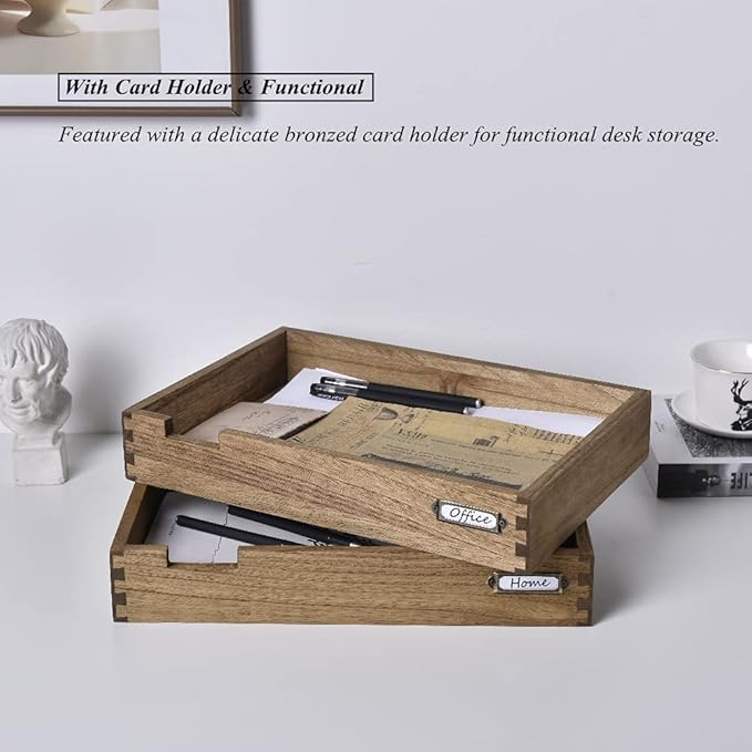 KIRIGEN Wooden Stackable Office Letter Organizer Desk Tray Pack of 2 - Wood Two Tier Tray for Desktop Organizeration with Metal Label Card Holder - Inbox Tray for Desk,Dark Brown 2TTP-DBR