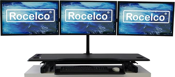 Rocelco 46" Standing Desk Converter with AC USB Charger and Triple Monitor Mount Arm - Height Adjustable Sit Stand Up Three Screen Riser Workstation - Keyboard Tray - Black (R DADRB-46-ACUSB-DM3)