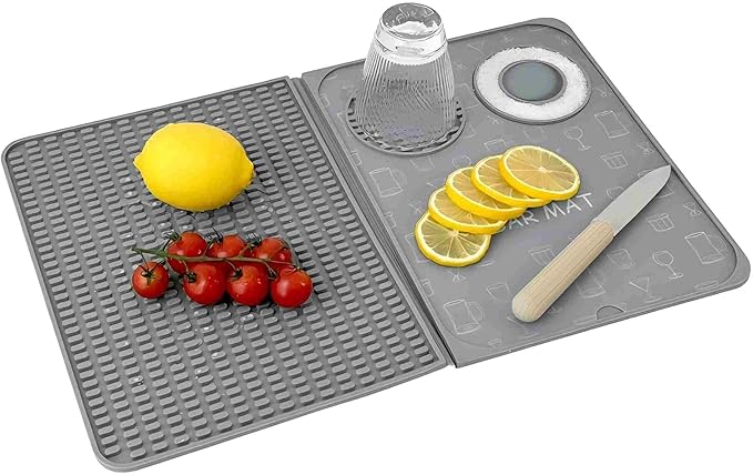 Bar Mat, Bar Accessories, Multifunctional Folding Cocktail Mat with Cutting Board, 18" X 12"(Gray) Drying Mats,Bar Mat for Countertops,Bar Decorations for Home, Outdoor Bar Accessories,Travel