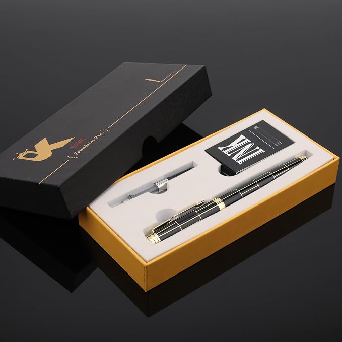 Tiankool Luxury Fountain Pen,Fine Nib, Exquisite Pen Gift Set for Men&Women-Includes 10 Ink Cartridges&Ink Converter- Nice Pens - Black - Gold Plaid