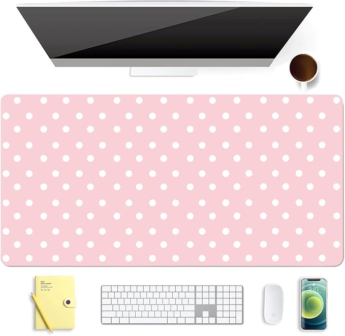 White Polka Dot Leather Desk Mat Extended Gaming Mouse Pad | Non-slip Large Writing Pad Laptop Blotter Computer Keyboard Mat | Cute Pink Desk Protector for Home Office 31.5" x 15.7"