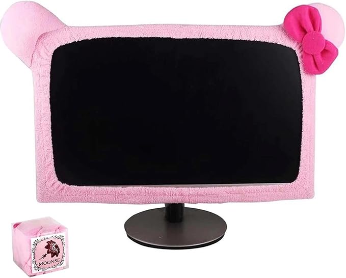 Monfurise 1 Pcs Cute Cat Ear Computer Monitor Cover, Kawaii Pink Dustproof Screen Protector for 20-29 Inch Display, Soft Elastic Fabric Monitor Dust Cover for Girl Gamers, Home Office Desk Decor